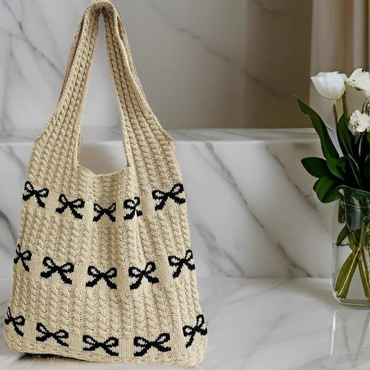 Ribbon Bow Pattern Knitted Crochet Tote Bag